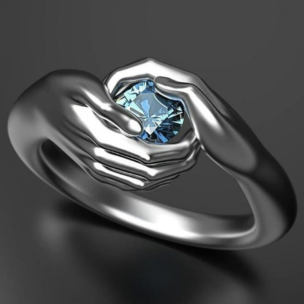 Hugging Hands Blue Crystal Silver Ring